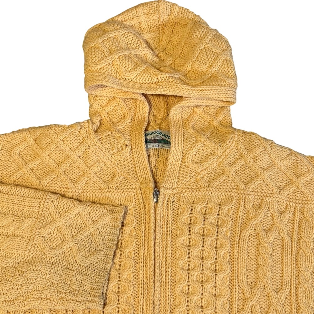 Aran Crafts Cardigan Sweater Womens XXL Yellow Merino Wool Hooded Zip Cable Knit